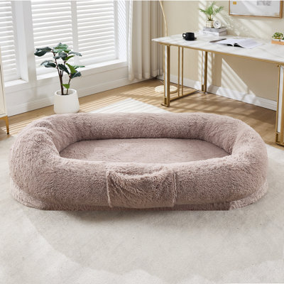 Lit orthopédique pour chien en fausse fourrure pour adultes et animaux de compagnie - Grand fauteuil à billes lavable de 65 po x 41 po x 12 po avec mousse d'œuf - Housse amovible, poignée et poche latérale - Chambre à coucher, salon, bureau