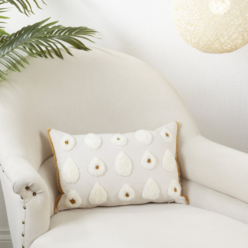 Off-White Cotton Pom Pom Throw Pillow Cover, 12"x18"