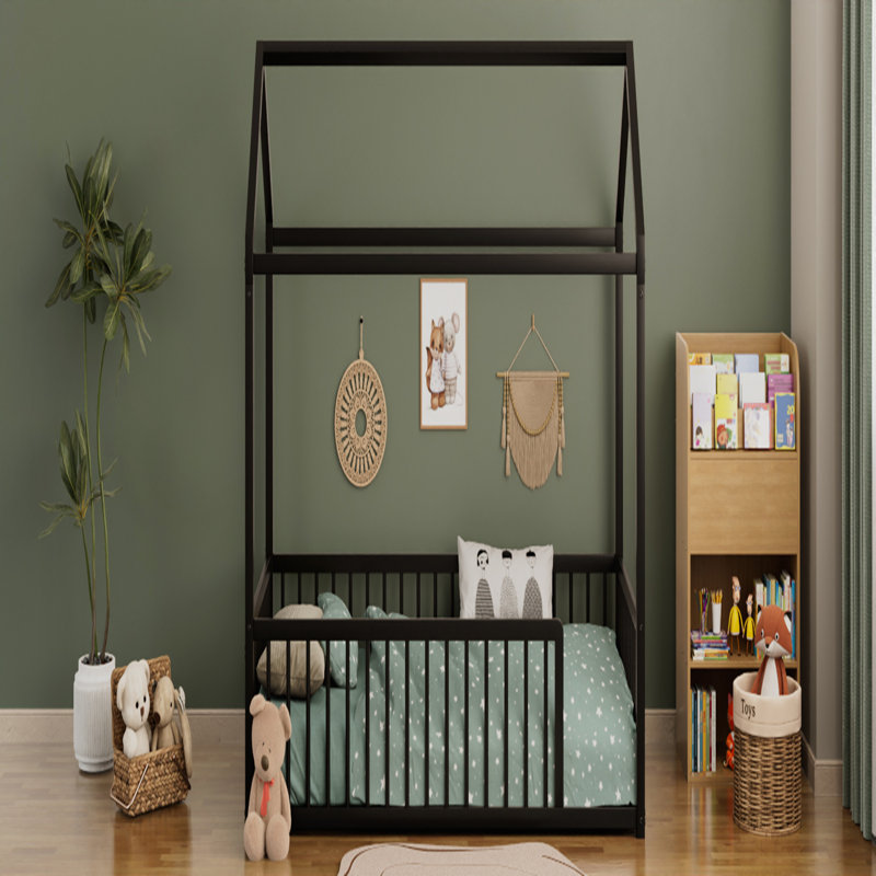Structure de lit simple en métal de style Montessori, en forme de maison avec clôture de sécurité pour enfants et tout-petits, facile à assembler, noir
