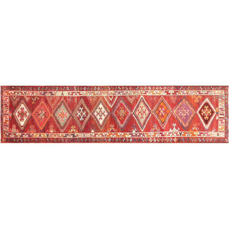 Tapis de couloir unique en laine noué à la main de style années 1960 de 3 pi x 12 pi en rouge