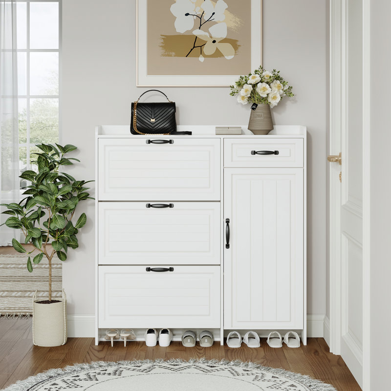 Range-chaussures blanc avec 4 portes et 1 tiroir, grand espace de rangement