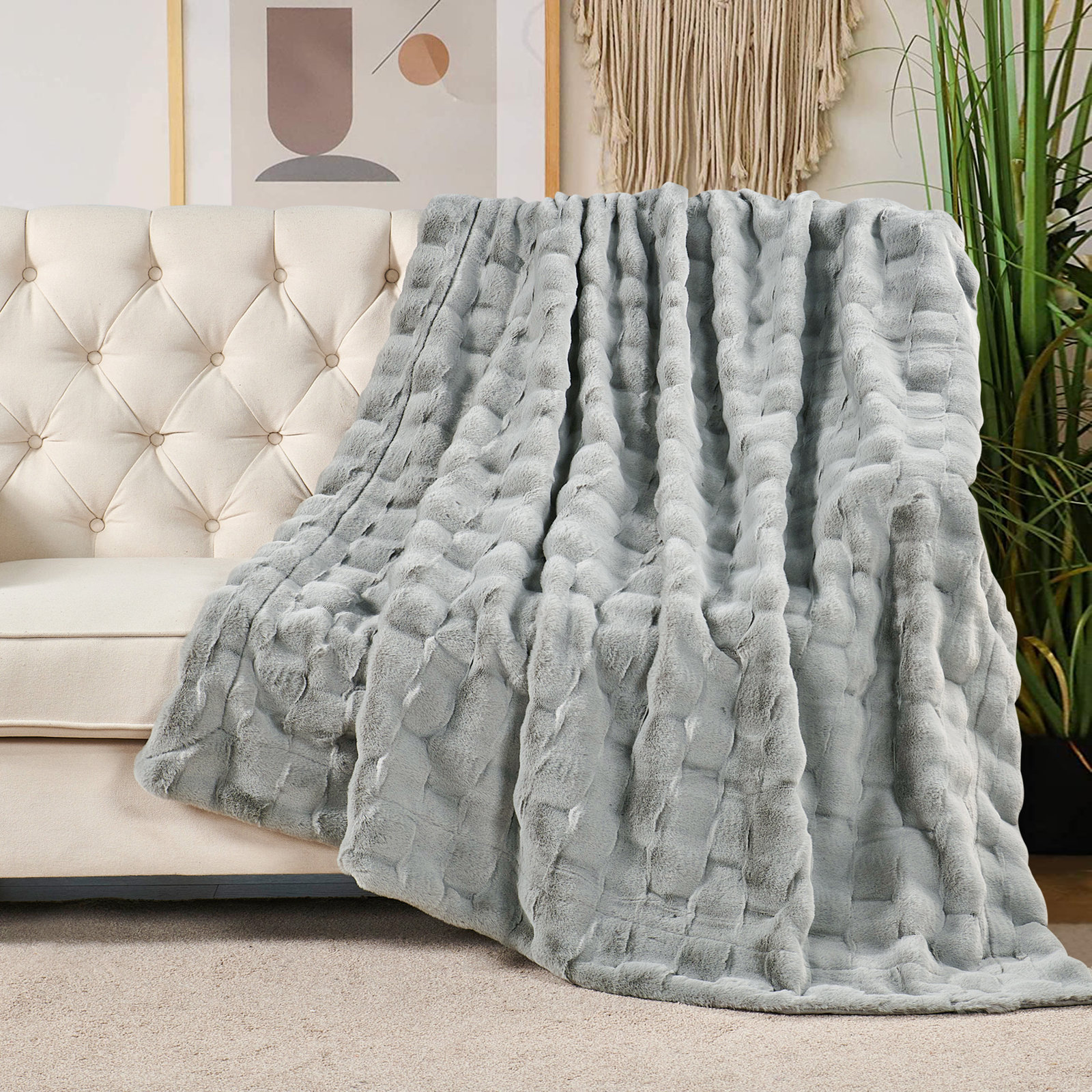 Biscoe Faux Fur Knitted Throw Blanket, Gray, 50"W x 70"L