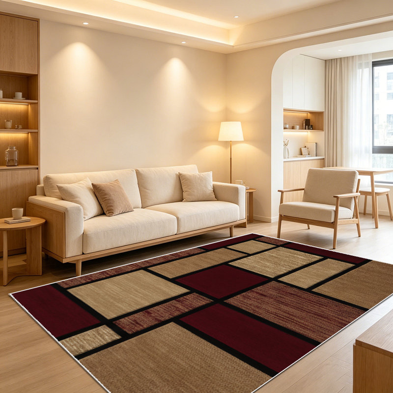 1PC Geometric Burgundy Tan Wood Grain Patchwork area rugs for Living Room, Soft and Comfortable, Suitable for all seasons, easy-to-maintain, machine washable Indoor floor mat, Under Table Farmhouse suitable for Dining Room, Entryway, Bedroom, Home