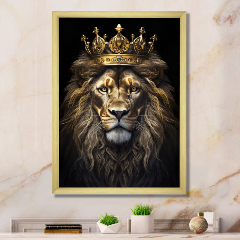 Majestic lion royal avec couronne d'or I - impressions sur toile de lion, Cadre doré simple, H 20 po x l 12 po x P 1 po