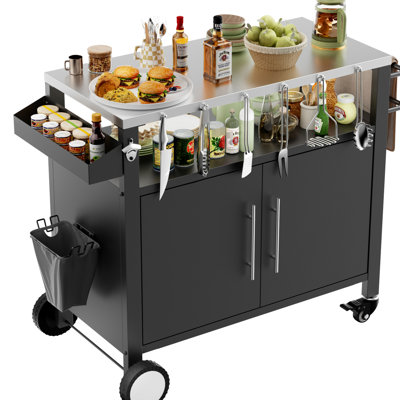 Outdoor Bar Cart With Lockable Wheels And Storage For Cooking Utensils - Organize Your Kitchen, Black Bbq Compartment Paper Towel Holder Convenient Grilling,