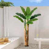Artificial Banana Tree, Faux Banana Tree With Grey Planter, Artificial Plants With 11 Faux Banana Leaves Plant