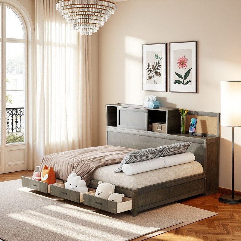 Lit plateforme double avec tiroirs de rangement et tablette, gris