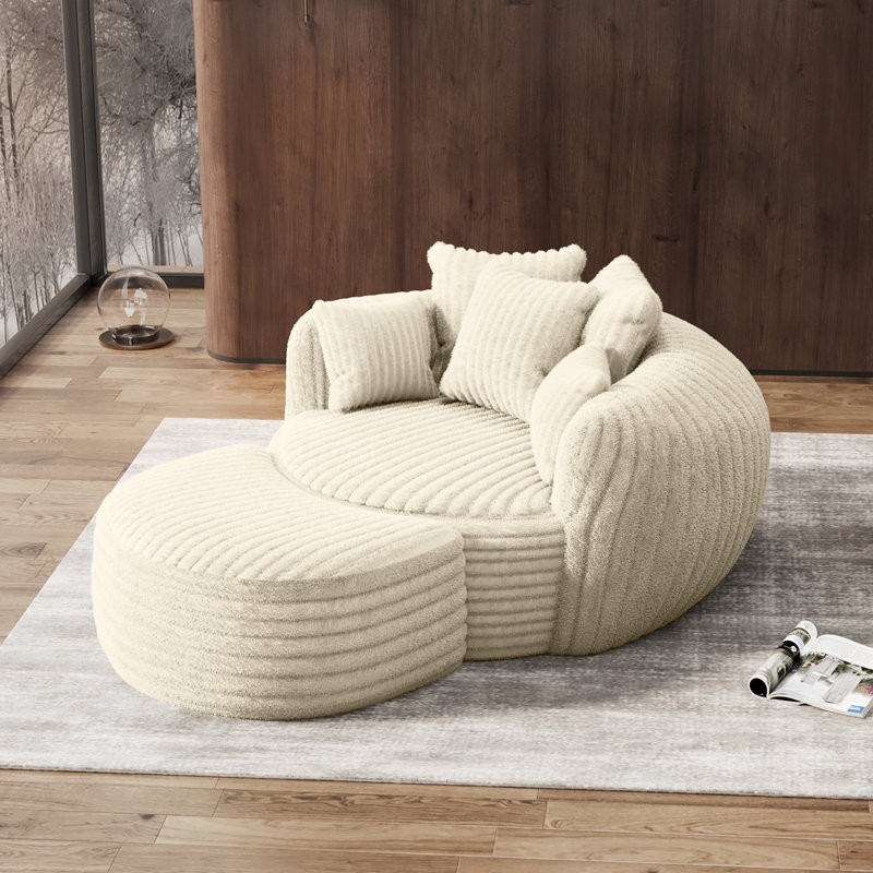 Oversized 3cm Corduroy Round Accent Chair with Crescent Ottoman, Beige