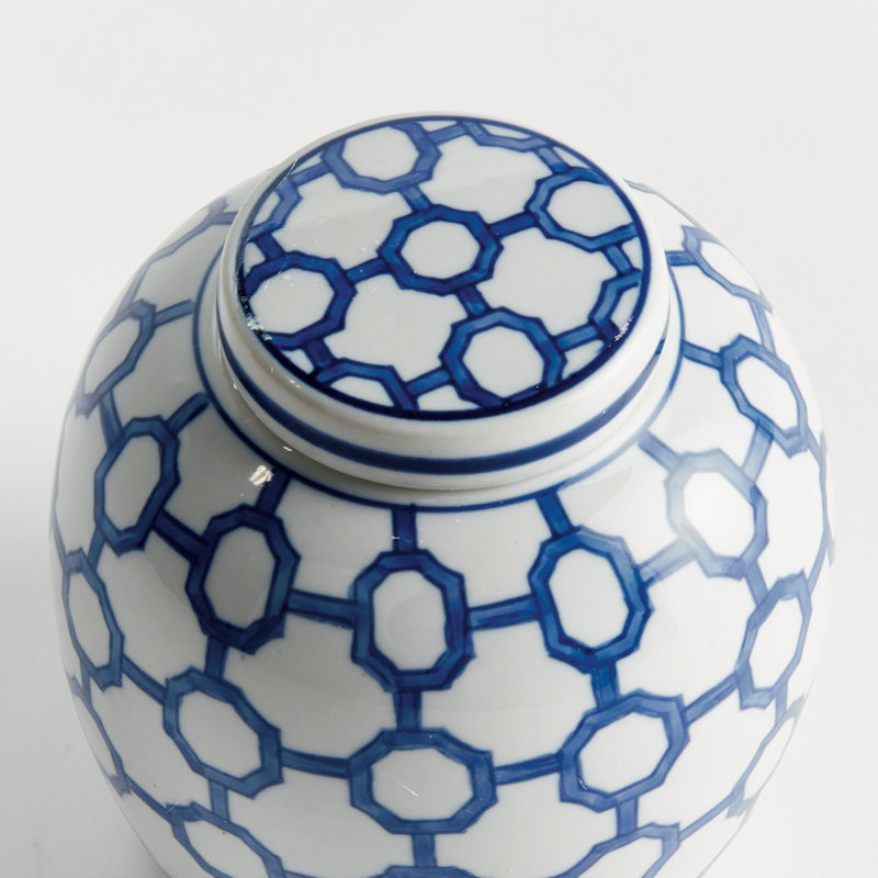 Canton Ceramic Blue and White Chinoiserie Link Lidded Jar