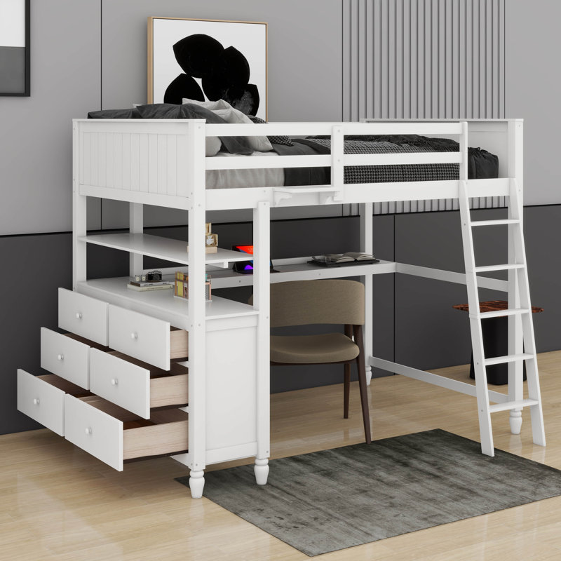 Lit mezzanine double avec bureau, tiroirs et tablettes