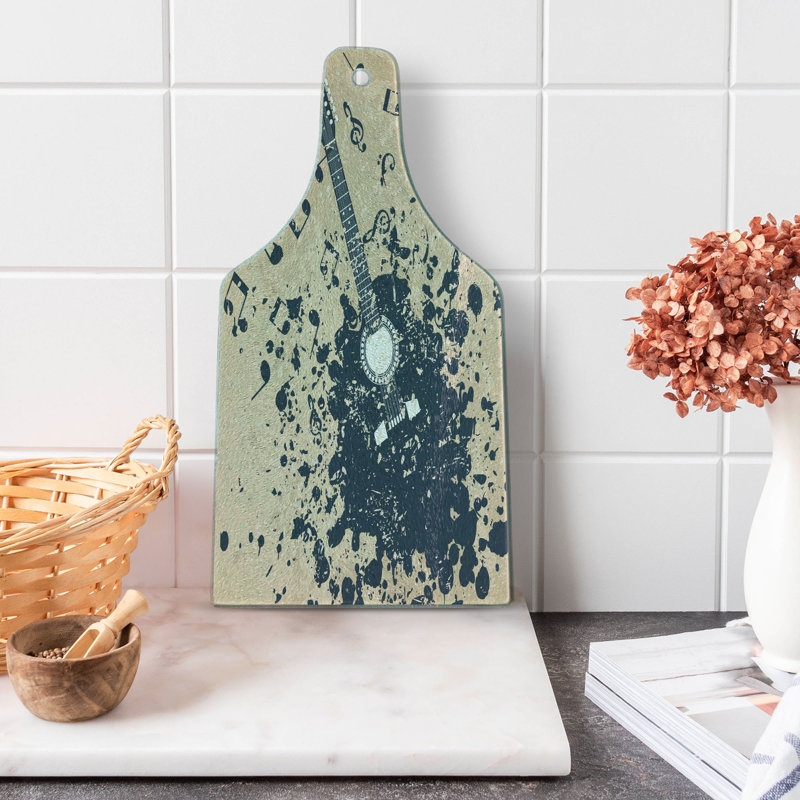 Beige and Dark Blue Guitar Print Glass Cutting Board
