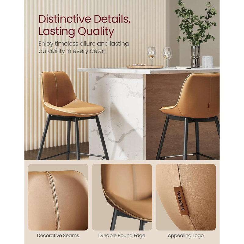 Ensemble de 2 tabourets de bar à hauteur de comptoir avec dossier ergonomique, sièges rembourrés en cuir synthétique et pieds en métal, brun caramel