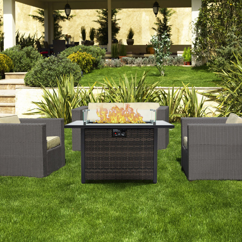 Outdoor Fire Pit 50,000 BTU Propane Gas Fire Table With Lid Fireplace With Glass Wind Guard Wicker Base For Garden, Patio, Backyard, 44"