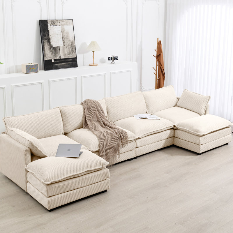 Redenius 6-Piece 148'' Upholstered U-Shape Sectional, Beige Corduroy