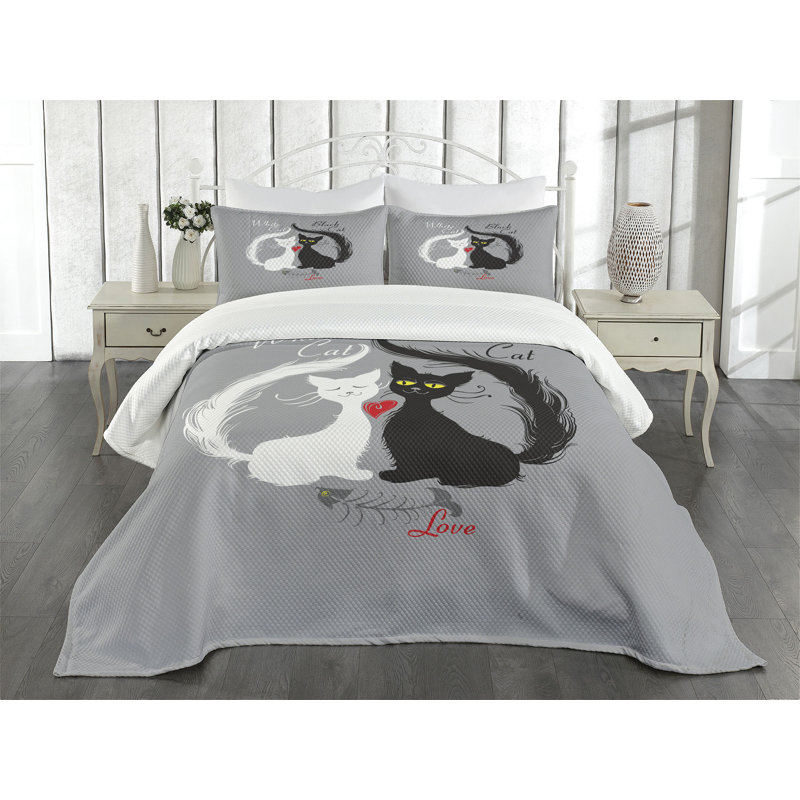 Ambesonne Cat Bedspread Set Couple Fishbone Black White Grey, Queen Bedspread + 2 Standard Shams