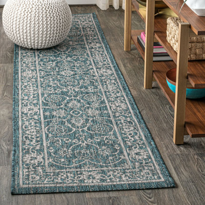 Haupt Vine and Border Textured Weave Teal/Gray Indoor/Outdoor Rug