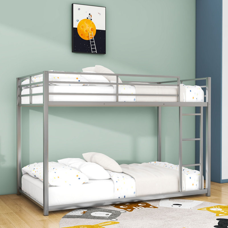 Twin Over Twin Metal Bunk Bed With Ladder And Guardrails, Silver, Twin