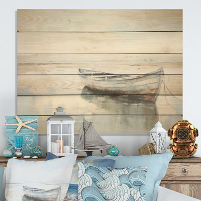 Petit bateau bleu et blanc au bord du lac I - Bateau de bord de mer, art mural sur bois de pin naturel