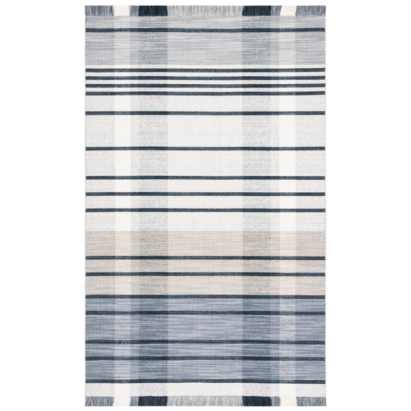 Anjail Flat Weave Wool/Cotton Plaid Rug in Light Gray/Black, Rectangle 3' x 5'