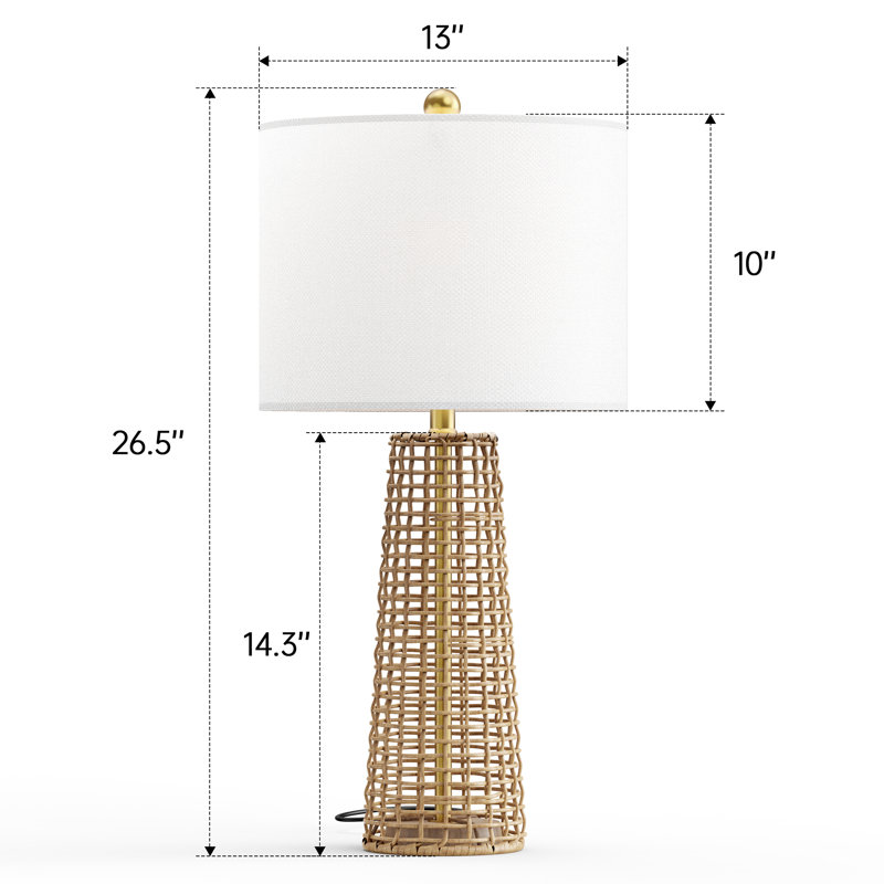 26.5 in. Gold Traditional Dimmable Wicker/Rattan For Bedroom Living Room Bedside Desk Nightstand Table Lamp With Linen Drum Shade
