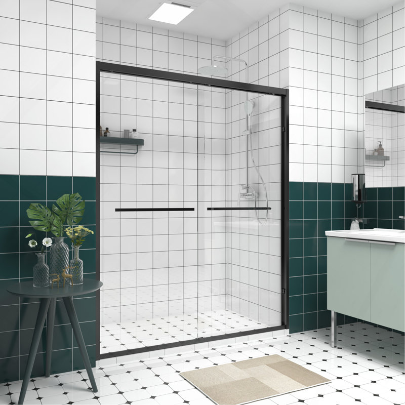 56-60"x74" Aluminum Frame Double Sliding Shower Door,Bypass Bathroom Sliding Door with Premium 1/4" (6mm) Clear Tempered Glass, Matte Black Finished