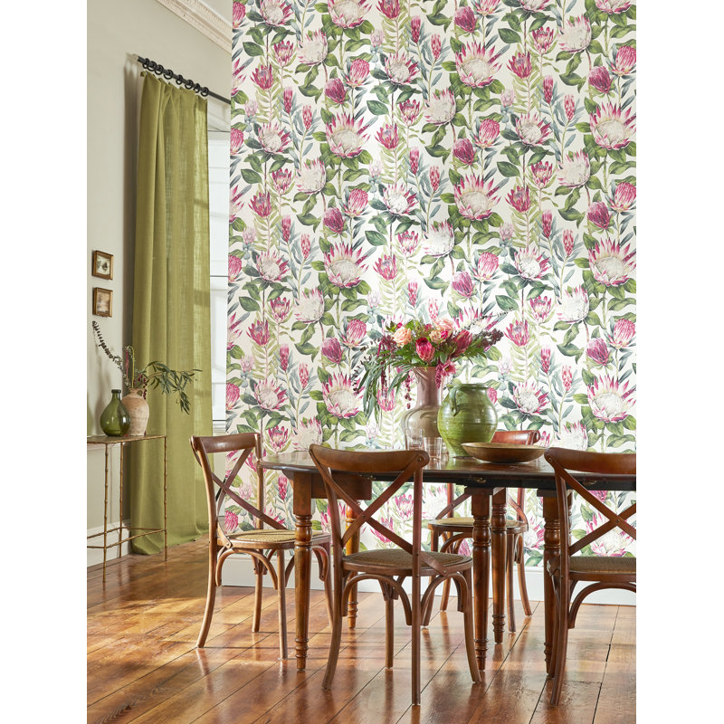 King Protea 10.05m x 68.6cm Matte Wallpaper Roll, White/Green/Pink