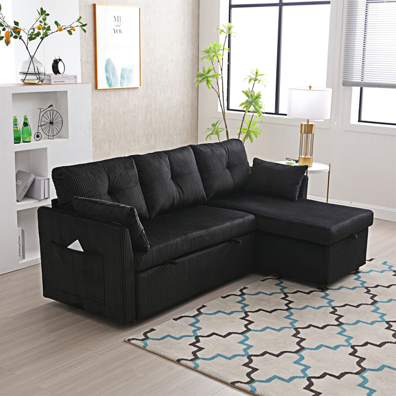 Canapé modulaire en L avec méridienne réversible, Velours côtelé noir