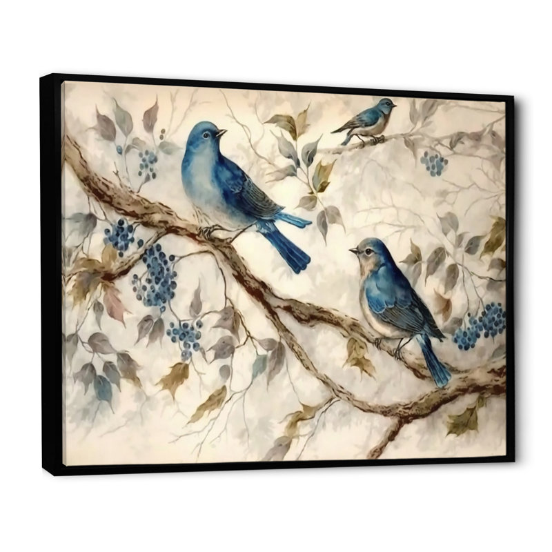 Deux oiseaux bleus assis sur une branche, aquarelle rétro II - décoration murale oiseau, H 24 po x l 32 po x P 1 po
