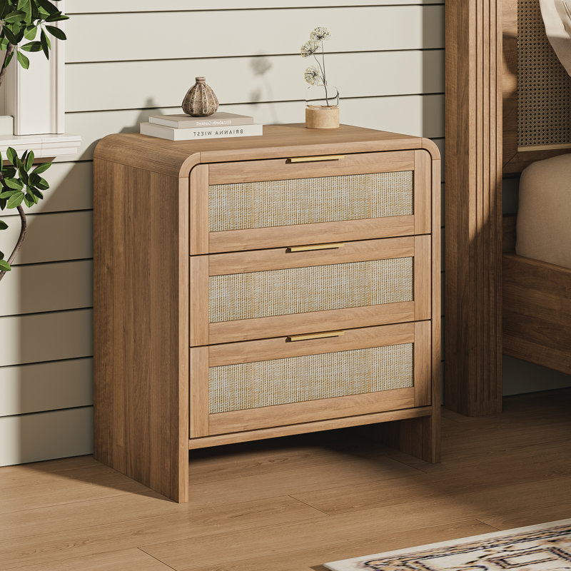 (Set of 2)Rattan Nightstand with Charging Station, Caramel B, 2