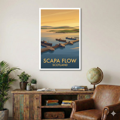 Scapa Flow, Scotland - Vintage-Style Travel Poster of Historic Harbour and Island Seascapes. Giclee Print on Wrapped Canvas. Wall Art, Home Decor - Natural Landmarks, Scotland 1 Piece Wrapped Canvas Wall Art