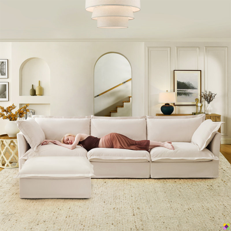 Wauseon 120"W Modular Chenille LAF RAF Sectional, Sofa Couch, 3 Seater, Beige Chenille