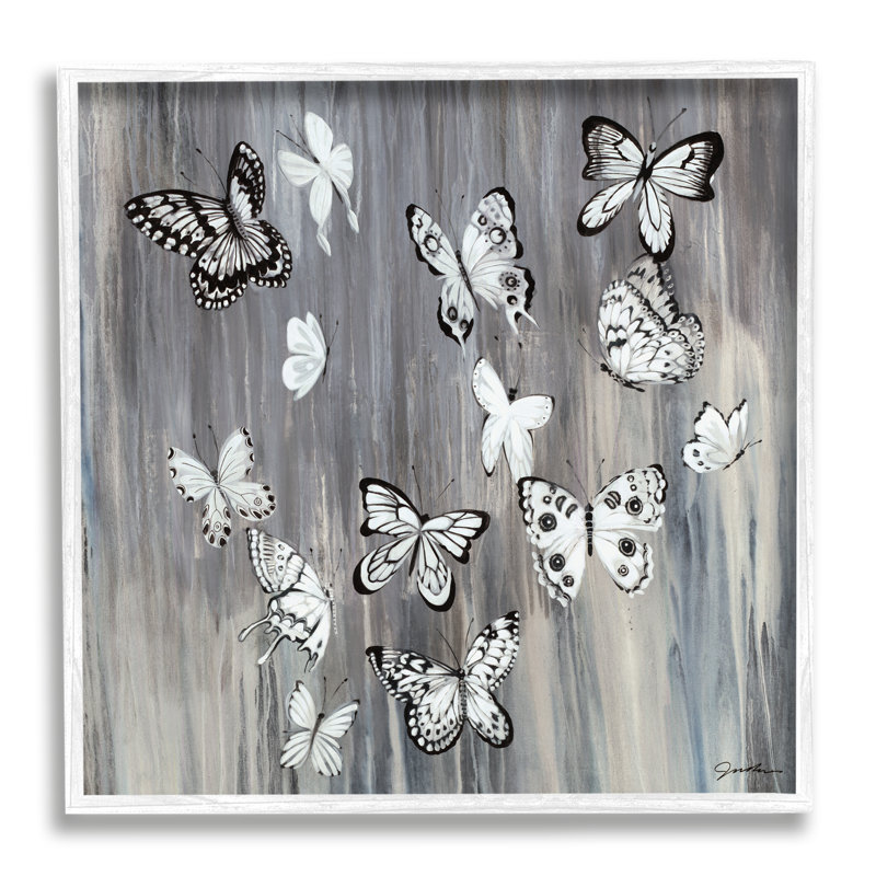 Papillons monochromes rustiques à motif d'insectes volants - impression, H 24 po x l 24 po, Giclée encadrée blanc bord de mer