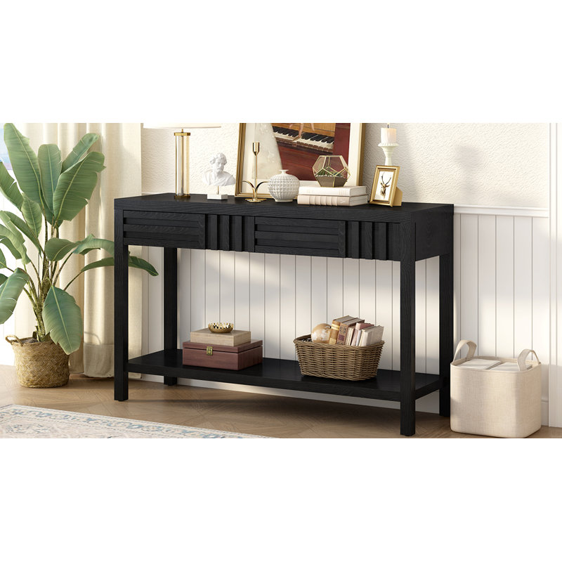Ash Veneer Console Table, Classic Striped Design, With 2 Drawers & Open Shelf, Black