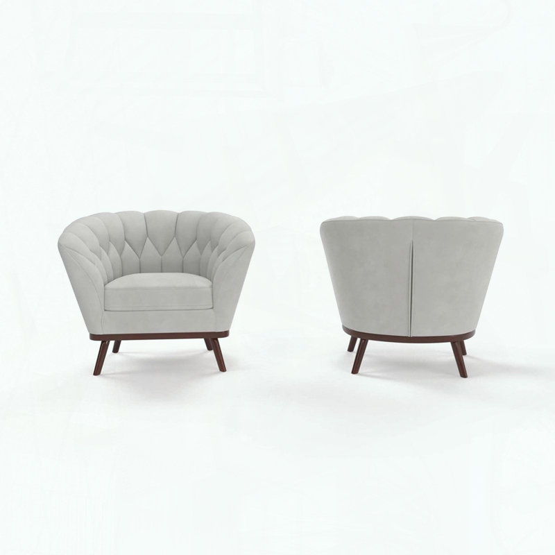 Fauteuil demi-tonneau en velours gris clair - Capitonné - Pieds espresso