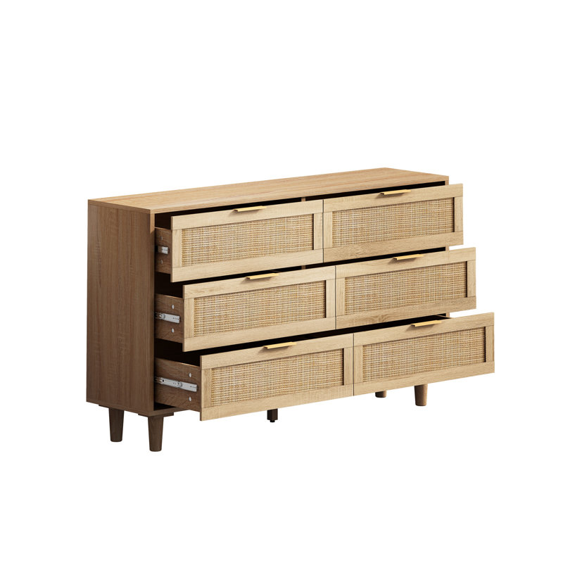 6-Drawers Rattan Storage Cabinet Rattan Drawer, Brown, 29.53" H x 59.06" W x 15.75" D