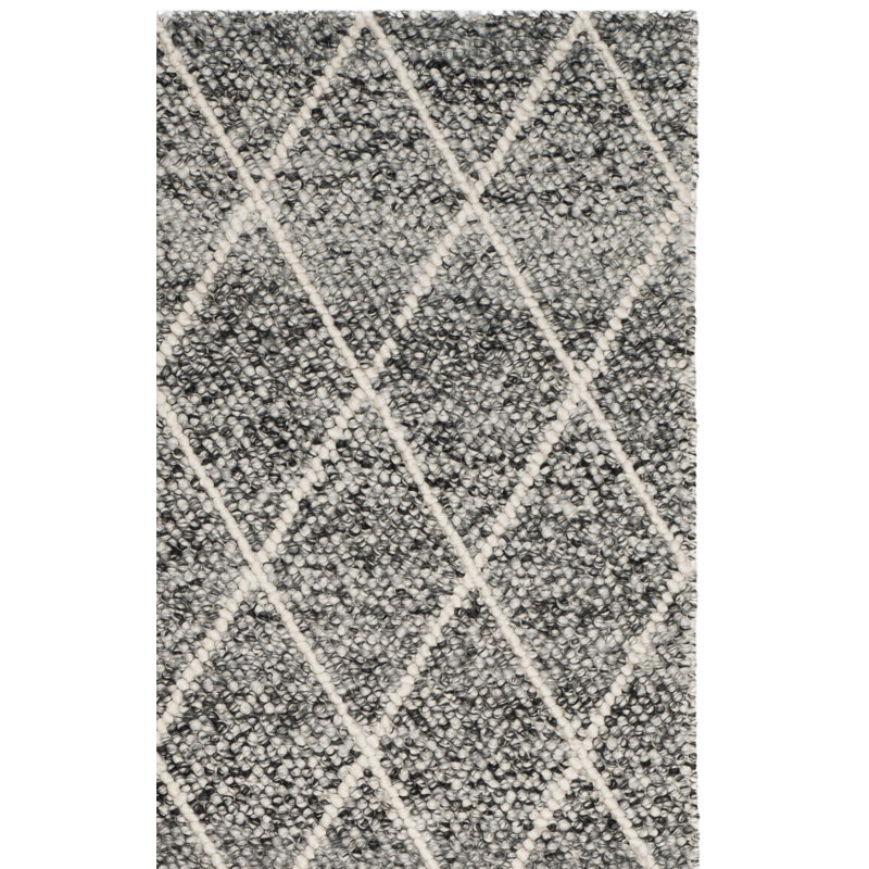 Russo Hand Woven Wool/Cotton Geometric Rug in Ivory/Black, Rectangle 5' x 8'