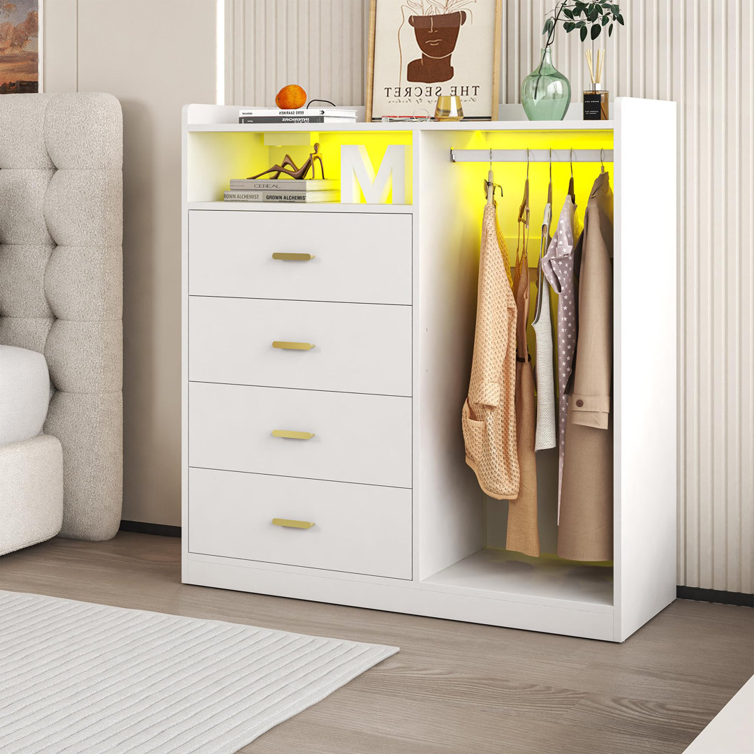 Hajun 4 Drawer Dresser with Clothing Rack and LED Lights,Modern LED Dresser for Bedroom Mercer41