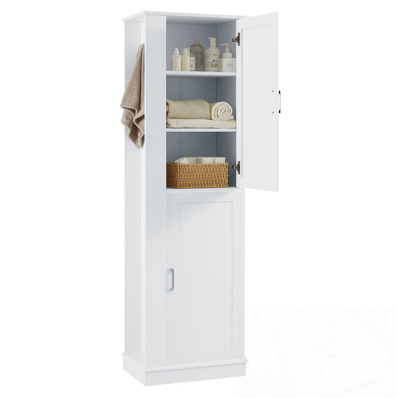 Grande armoire de rangement pour salle de bain, autoportante avec tablette et crochet réglables, portes à fermeture en douceur, panneau de fibres à densité moyenne