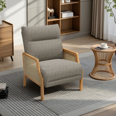 Upholstered Linen Accent Chair with Rattan Arms and Ash Wood Legs