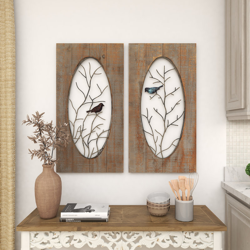 Décoration murale oiseau en bois brun avec branches d'arbre