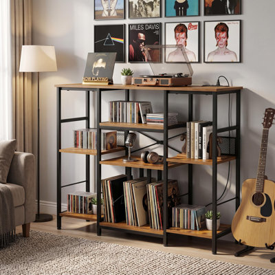 Large Record Player Stand with Charging Station & USB Ports，Record Storage Cabinet, Mid Century Modern Turntable Stand for Bedroom Living Room
