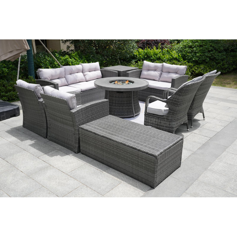 Ensemble de conversation en osier / rotin pour 9 personnes avec coussins Areefa, Gris