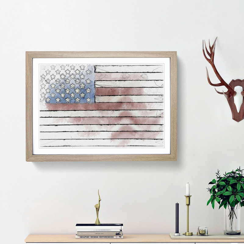 Painted American Flag in Abstract - Picture Frame Drawing Print, 36cm H x 48cm W x 2cm D, Oak Framed