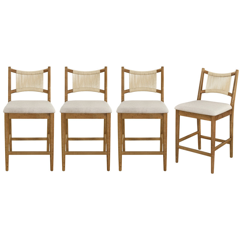 Massillon Modern Urban Rubberwood Upholstered Counter Stool with Woven Backrest, 4, Beige Seat/Beige Rope and Walnut Frame