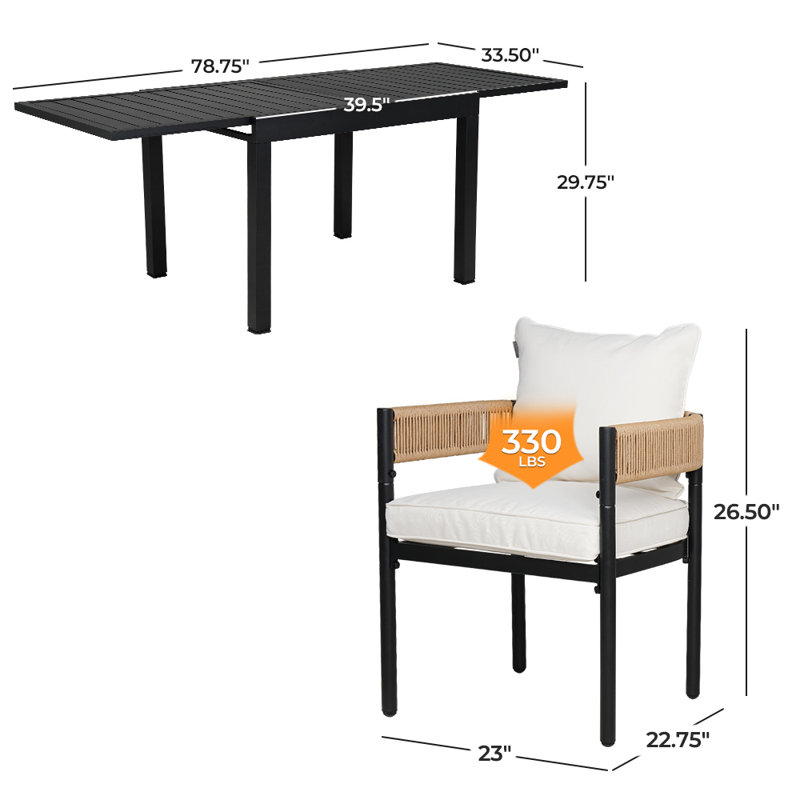 Ensemble de salle à manger 7 pièces en osier avec table extensible en acier, Coussin blanc / structure naturelle