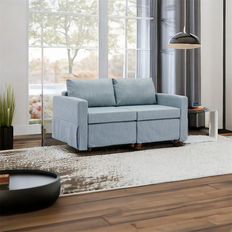 Canapé modulaire 4 pièces Demichael, 100 % lin bleu clair
