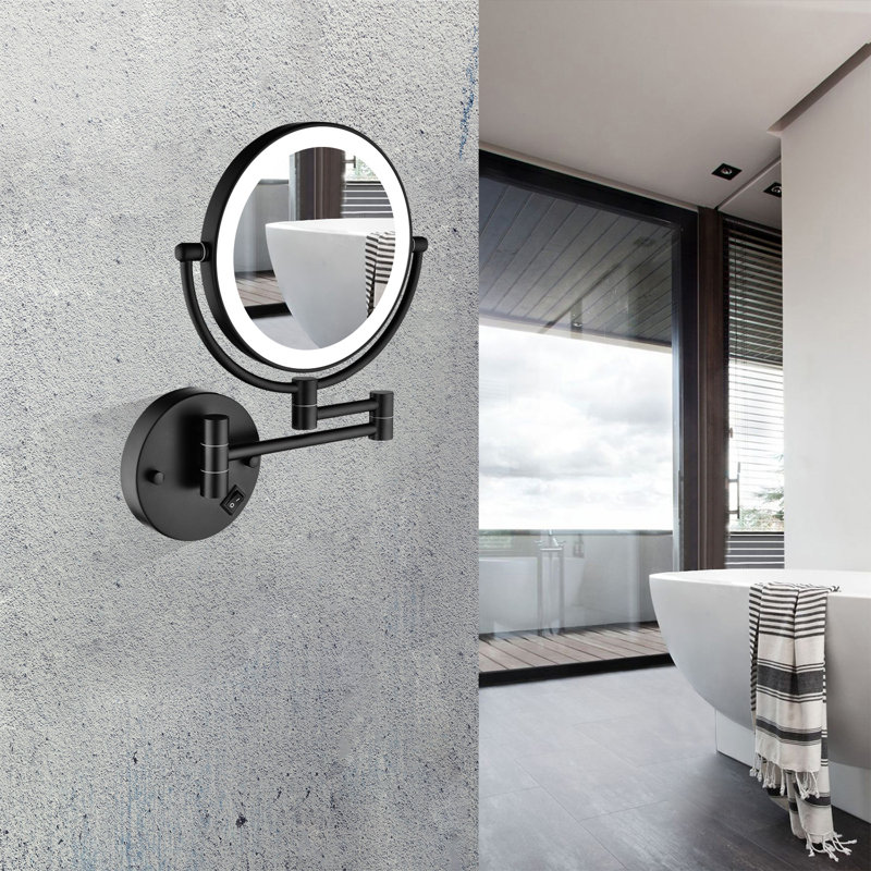 Miroir de meuble-lavabo à double face DEL 8 pouces, grossissement 1X / 3X, extensible, rotatif et pliable, câblé, Noir mat