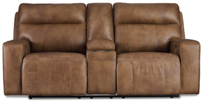 Caramel Brown Leather Power Reclining Loveseat with Cup Holder
