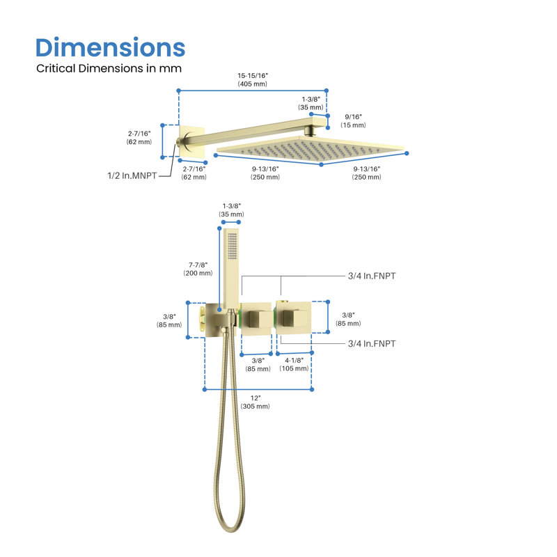 Thermostatic Complete Shower System with Rough in-Valve, Brushed Gold
