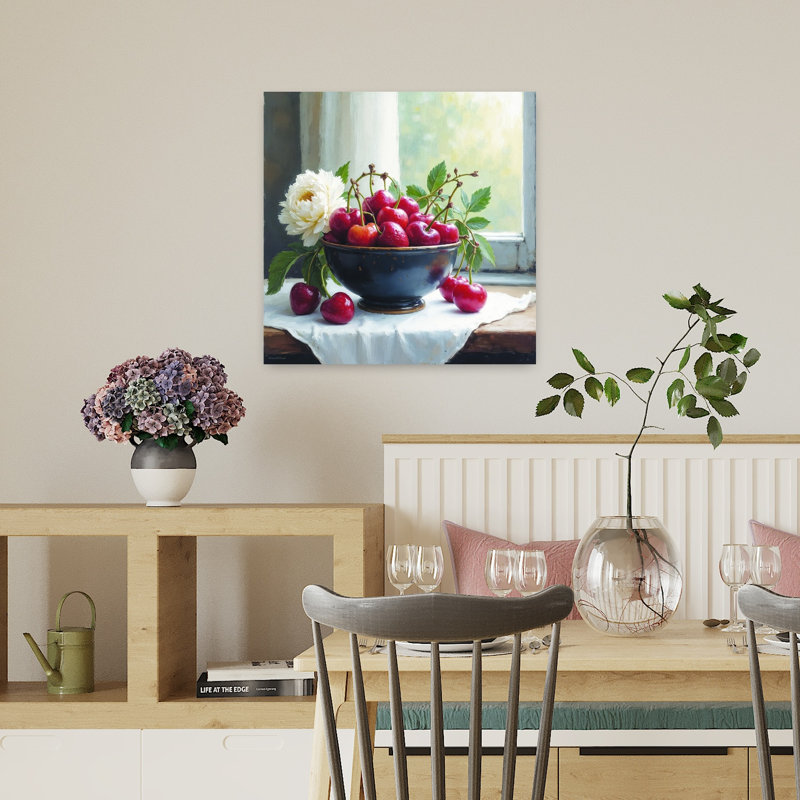 Art mural contemporain, cerise et fruits, H 18 po x l 18 po
